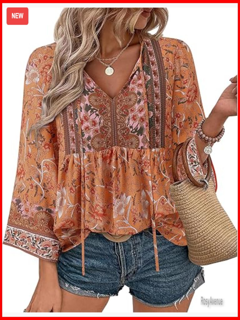 Floral Print V-Neck Tie Front 3/4 Sleeve Peasant Blouse Boho Top